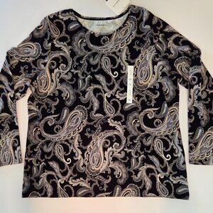 Croft & Barrow Classic Long Sleeve Paisley Print 100% Cotton Tee, Size 1X, NWT